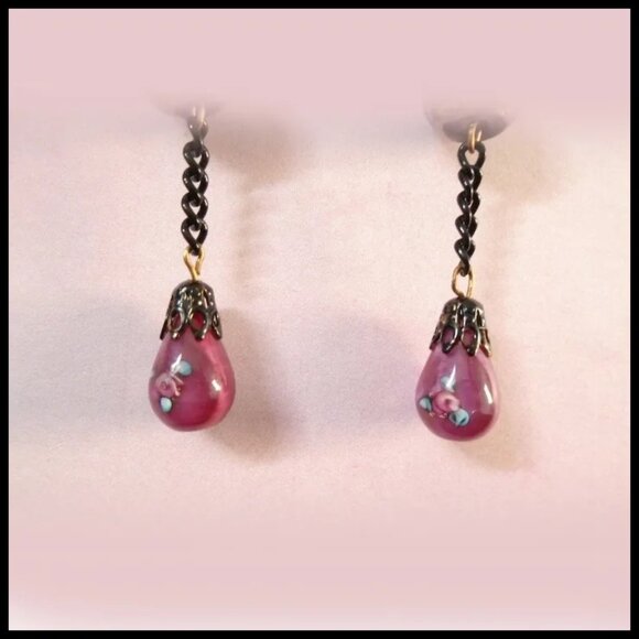 Black Burgundy Long Dangle Earrings Made With Vintage OOAK One of a Kind - Picture 4 of 9